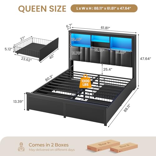 DICTAC Queen Bed Frame with 4 Storage Drawers & Upholstered Bookcase Headboard, Bed Frame Queen Size with LED Lights & Charging Station, Heavy-Duty Metal Platform Bed, No Box Spring Needed, Noise Free - color: Deluxe Black, size: Queen