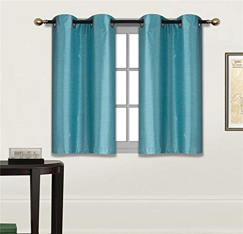 Elegant Home 2 Panels Tiers Grommets Small Window Treatment Curtain Faux Silk Insulated Blackout Drape Short Panel 28" W X 36" L Each for Kitchen Bathroom or Any Small Window # D24 (Teal Blue) - color: Teal Blue