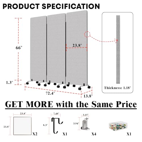 3 Panel Soundproof Room Divider W/Wheels, Office Divider with Whiteboard | 66" H with Detachable Whiteboard/Clips/Hooks/Pushpins,Wheeled Room Dividers, Easy to Move,For Conference Room Partitions - color: Grey, size: 3-Panel-with Board