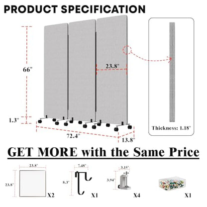 3 Panel Soundproof Room Divider W/Wheels, Office Divider with Whiteboard | 66" H with Detachable Whiteboard/Clips/Hooks/Pushpins,Wheeled Room Dividers, Easy to Move,For Conference Room Partitions - color: Grey, size: 3-Panel-with Board