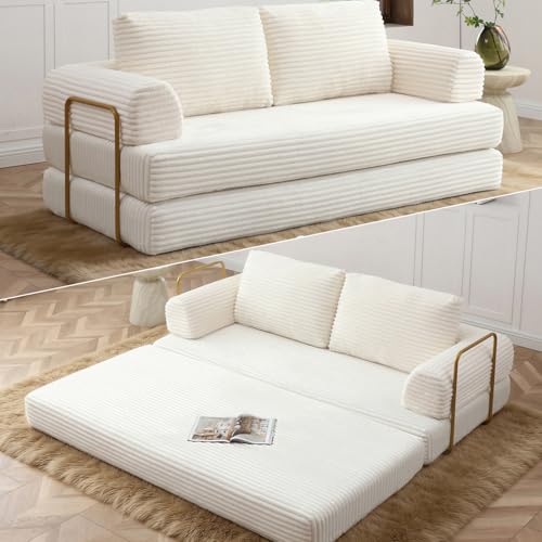 HANXIN 80 Inch Convertible Sleeper Sofa Bed, High Back Plush Corduroy Folding Floor Mattress Couch with Fixed-Shape Frame, Boneless Futon Loveseat with Pull Out Bed, No Assembly Required (Beige) - color: Beige, size: 80" Loveseat Sofa Bed