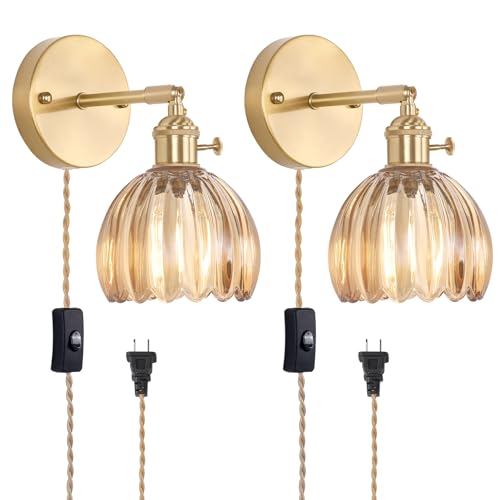 Shenmoyl Plug in Wall Sconce, Amber Tulip Glass Lampshade Wall Light Plugin Corded for Bedside Bedroom Doorway, 2 Pack - color: Light Amber