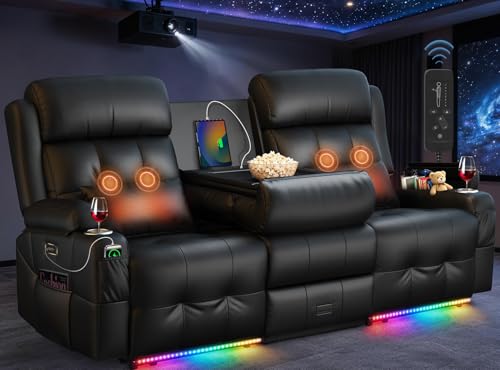 Home Theater Seating, 3 Seat Power Loveseat Recliner Sofa with Heat Massage | Wall Hugger Reclining Loveseat with USB, RV Couch with LED Lights, Flip Backrest, Cup Holders for Movie Theater, Gaming Room - color: Black, size: 78" - 3 Seats