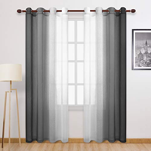 DWCN Black Ombre Faux Linen Sheer Curtains - Gradient Semi Voile Grommet Top Bedroom and Living Room Curtains, 52 x 96 Inches Long, Set of 2 Window Curtain Panels - color: Black, size: 52"W x 96"L (Pack of 2)