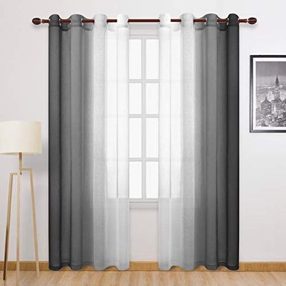 DWCN Black Ombre Faux Linen Sheer Curtains - Gradient Semi Voile Grommet Top Bedroom and Living Room Curtains, 52 x 96 Inches Long, Set of 2 Window Curtain Panels - color: Black, size: 52"W x 96"L (Pack of 2)