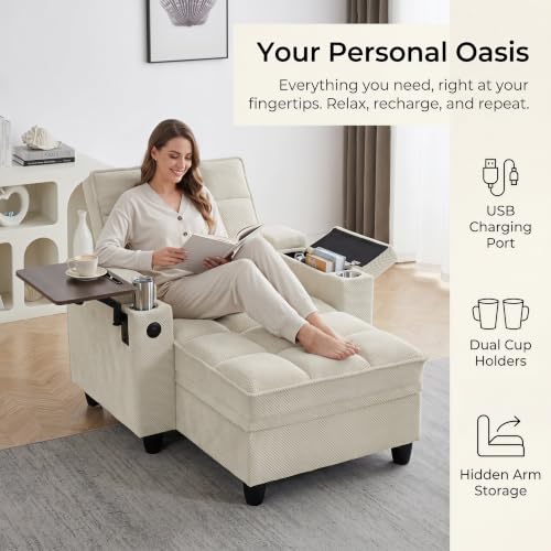 Convertible Sleeper Chair, Pull Out Sofa Bed with Adjustable Backrest & Hidden Storage Armrest, Single Sofa Recliner with USB Charging Port & Cup Holders for Living Room, Bedroom, Beige - color: C-beige-p8