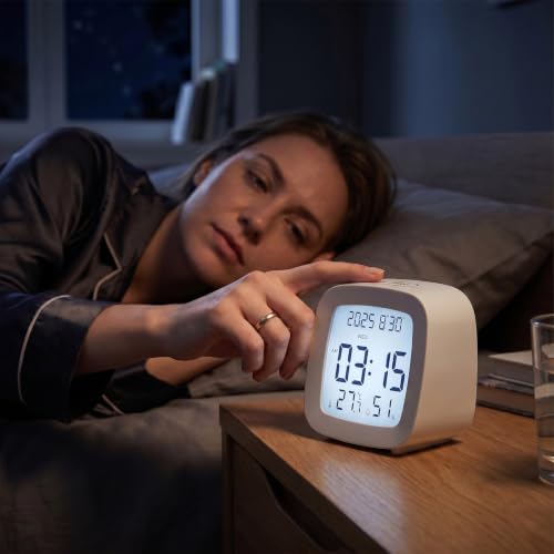 Digital Alarm Clock with Backlight, Snooze, Temp & Humidity Display,White | Time, Date & Weekday Temperature & Humidity Touch Backlight 5-Minute Snooze,Battery Operation Long Battery Life