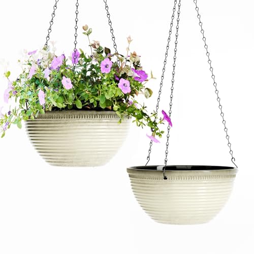 10Inch Hanging Planters Outdoor Indoor, Glazed Hanging Basket with Drainage | Ceramic-Look Hanging Flower Pots with Chain,Plastic Plant Hanger for Patio Garden Decor, Off-White - color: Off-white, size: 10inch