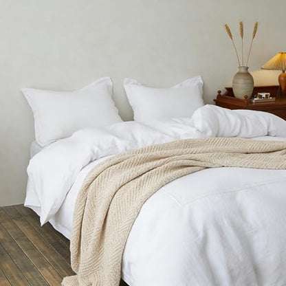 Simple&Opulence 100% Washed Linen Duvet Cover Set 68"x86" - 2 Pieces Soft Farmhouse Comforter Cover Set Double Embroidered with Button Closure - 1 Duvet Cover and 1 Pillowcase (White, Twin) - color: 2 Embroidery White, size: Twin
