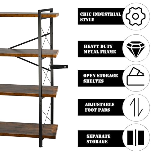 Bookshelf, Rustic Open Book Shelf, Wood and Metal Horizontal Bookshelves (4-Tier) - color: 4-tier