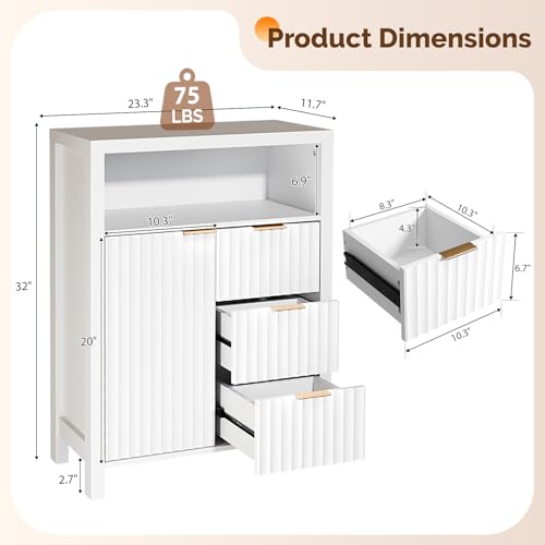 VINGLI Bathroom Floor Storage Cabinet with 3 Drawers, Modern 32" Freestanding Short Storage Organizer with Fluted Door & Adjustable Shelf, 12 Inch Deep White Wooden Console for Small Space - color: Crisp White, size: 23.3"W Small Floor Cabinet