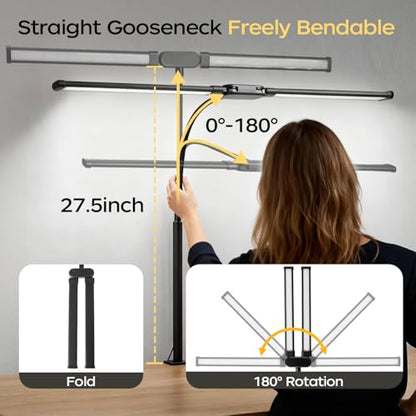 LED Desk Lamp with Clamp, Dual Head Desk Light for Home Office, Eye-Caring Monitor Desk Lamp with Remote, Flexible Gooseneck Architect Task Lamp, 10 Brightness Levels & 5 Color Modes Black - color: Black