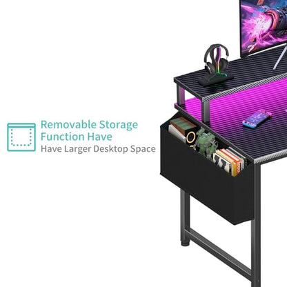 Lufeiya Gaming Desk with Power Outlets and LED Lights, 40 Inch Gamer Desk Table with Charging Station, Home Office Computer Desks with Monitor, Black - color: Carbon Fiber Black, size: 39.4"