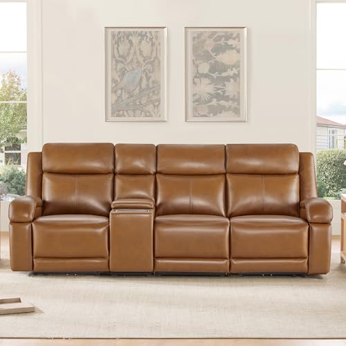 Watson & Whitely Wall Hugger Power Reclining Sofa with Console, Saddle | Genuine Leather Recliner Sofa, Power Headrests, Center Storage Console, Cup Holders, 3-Seater Couch, Living Room & RV - color: Saddle Brown, style: 3 Seater Sofa (with console)