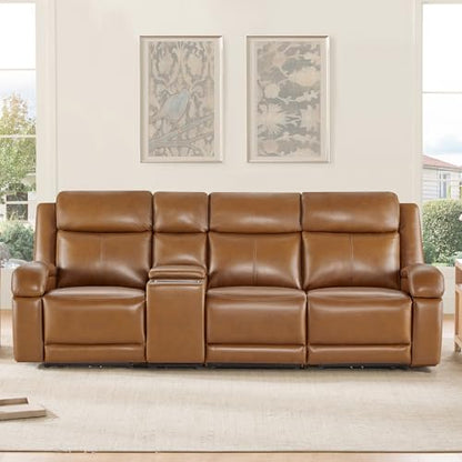 Watson & Whitely Wall Hugger Power Reclining Sofa with Console, Saddle | Genuine Leather Recliner Sofa, Power Headrests, Center Storage Console, Cup Holders, 3-Seater Couch, Living Room & RV - color: Saddle Brown, style: 3 Seater Sofa (with console)