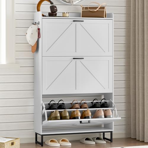 BORNOON Shoe Cabinet with 3 Flip Drawers Narrow Shoe Storage Cabinet Organizer Wooden Freestanding Shoe Rack Hidden Slim Shoes Storage Cabinet for Entryway, Hallway, Living Room, Bedroom - color: White, size: 3-Drawer