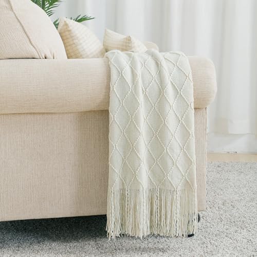 BOURINA Beige Throw Blanket 50x90 Inch Boho Knitted Soft Throw Sofa Blanket | Knitted Throw Blanket 50x90 Inches, Soft Lightweight Boho Weave Throw Decorative Couch Blanket for Living Room Bed Runner - color: Beige, size: 50"x90"