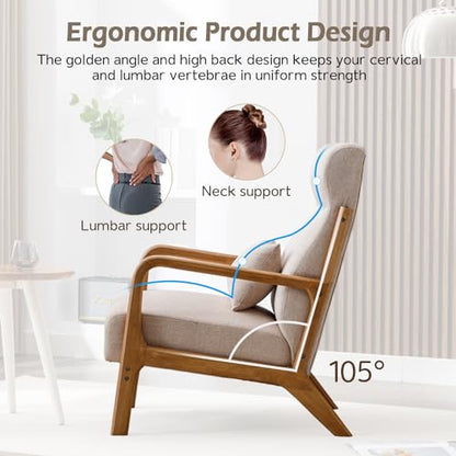 Mid Century Modern Accent Chair with High Back, Upholstered Living Room Chairs with Waist Cushion, Wood Frame Reading Armchair for Bedroom Sunroom, Beige - color: Beige