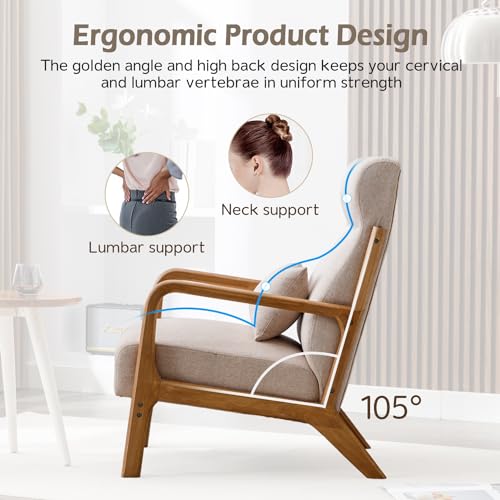 Mid Century Modern Accent Chair with High Back, Upholstered Living Room Chairs with Waist Cushion, Wood Frame Reading Armchair for Bedroom Sunroom, Beige - color: Beige