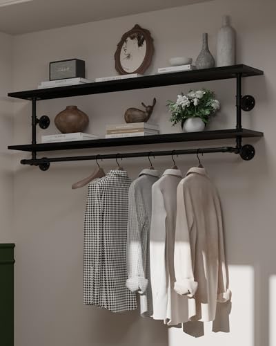 Black Clothes Rack 60in, 2-Tier Wall Mounted Garment Rack with Real Wood Shelf, Heavy Duty Hanging Clothes Rack, Multi-Purpose Hanging Rod, Space-Saving Closet Storage - color: Black, size: 2T60IN