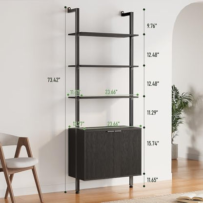 74" Tall Bookshelf with Storage Cabinet, Modern Ladder Shelf with Wood and Metal Frame, Wall Mount Bookcase Open Display Shelf Furniture for Living Room, Bedroom, Home Office，Black - color: Black