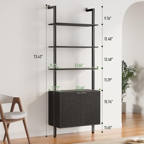 74" Tall Bookshelf with Storage Cabinet, Modern Ladder Shelf with Wood and Metal Frame, Wall Mount Bookcase Open Display Shelf Furniture for Living Room, Bedroom, Home Office，Black - color: Black