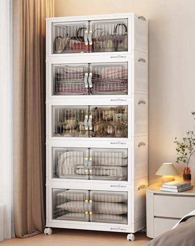 BROVIEW 300Qt Stackable Storage Bins with Lid for Home Dorm, 5Pack White | Closet Organizers, Foldable & Collapsible Cabinets, Large Containers, Wheels & Magnetic Doors, Plastic Drawers for School - color: White, size: 60QT-5Pack