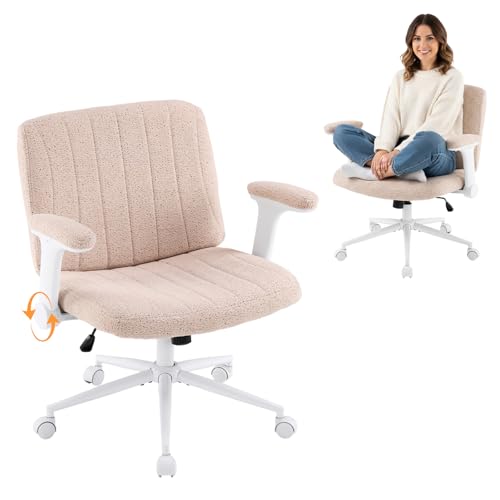 VINGLI Criss Cross Chair with Adjustable Flip-Up Arms,Cross Legged Chair with Wheels,Extra Wide Office Chair,Desk Chair for Home Office,Vanity,Bedroom, Apartment,Starry Chenille,Pink - color: Pink