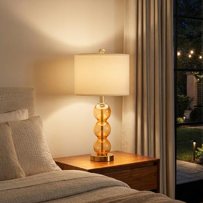 25" Amber Glass Table Lamps for Living Room, Glass Modern Table Lamp Set of 2, USB Charging Ports, Linen Shade, Bedside Lamps for Bedroom, Nightstand, Side Table (Bulbs not Included) - color: Amber