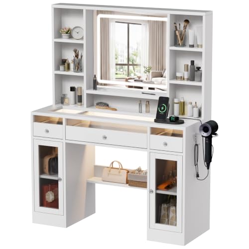 LIVELYGLOW 43.3" White Large Makeup Vanity Desk with Glass Top & RGB Lights - color: White/Transparent