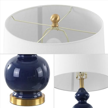 JONATHAN Y Bowen 27.5" Ceramic Triple Gourd Table Lamp, Navy/Brass Gold | Contemporary, White Linen Drum Shade, Modern Transitional Style, Metal Base, LED Bulb Included - color: Navy