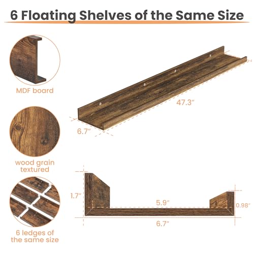 upsimples Floating Shelves for Wall Decor and Storage, Brown, 6Pcs 47.3'' | Wall Mounted Wood Shelves for Living Room, Bedroom, Kitchen, Office, Hallways Display and Organize Photos - color: Brown, size: 47.3in