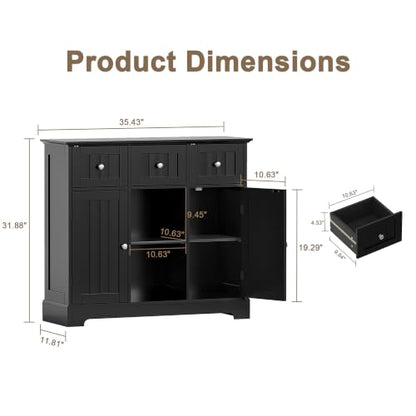 ChooChoo 35.4" Coffee Bar Cabinet with 3 Drawers and 2 Doors, Black | Buffet Cabinet with Adjustable Shelves, Storage Cabinet for Compact Kitchens, Dining rooms and Living rooms - color: Black