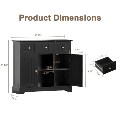 ChooChoo 35.4" Coffee Bar Cabinet with 3 Drawers and 2 Doors, Black | Buffet Cabinet with Adjustable Shelves, Storage Cabinet for Compact Kitchens, Dining rooms and Living rooms - color: Black