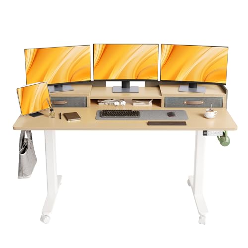 Claiks Standing Desk with Drawers & Wheels, 2 Height Shelf 59" Ntural | 2 height adjust shelf, tabletop drawers, felt fence design, sturdy supports 176 lbs, 4 wheels, 2 tire monitor stand - color: Nature, size: 59×23.6