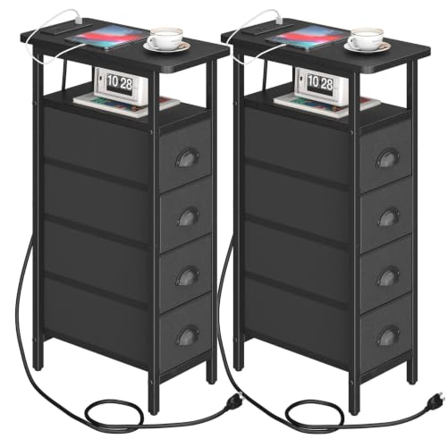 sthmec Nightstand with Charging Station, Narrow Night Stand Set of 2 with 4 Drawers, Skinny Side Table with Fabric Drawers,Slim Sofa Couch Tables for Small Spaces,Living Room,Bedroom, Black - color: Black, style: Power