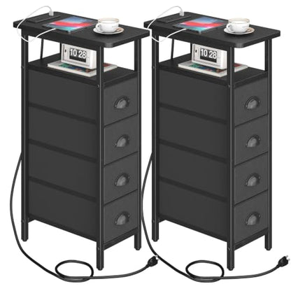 sthmec Nightstand with Charging Station, Narrow Night Stand Set of 2 with 4 Drawers, Skinny Side Table with Fabric Drawers,Slim Sofa Couch Tables for Small Spaces,Living Room,Bedroom, Black - color: Black, style: Power