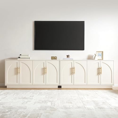 Fatmok 59" Sideboard Buffet Cabinet & TV Stand Set of 2, Modern Arched Credenza with Adjustable Shelves and Long Metal Handles, Wood Console Coffee Bar Storage for Living Room, Beige(Not White) - color: Aa-beige
