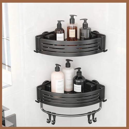 Rustproof Aluminum Corner Shower Caddy | Press-to-Install, Triangle Shelf with Hooks, Suction Bathroom Organizer, Shampoo Holder