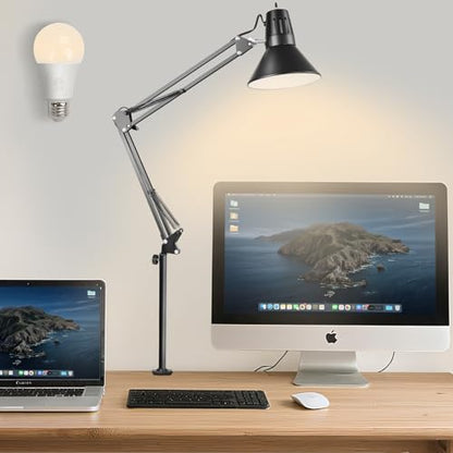LED Clamp on Desk Lamp, 360°Adjustable Swing Arm Desk Lamp | Clamp Light with Eye-Caring LED Bulb for Home Office Reading Drafting