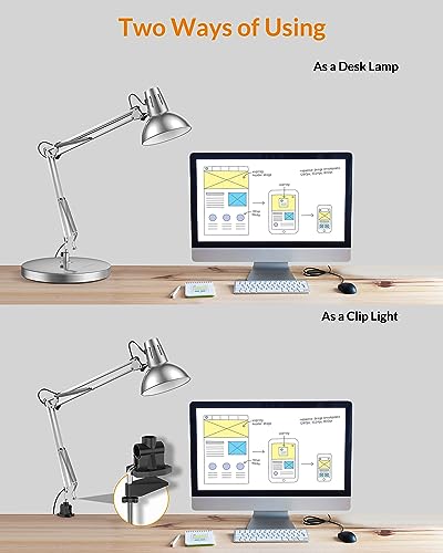 LEPOWER Metal Adjustable Desk Lamp with Clamp, Swing Arm for Home Office | Gooseneck, Architect Style, Eye-Caring Table Lamp, On/Off Switch, E26 Base, Reading for Dorm, Bedroom, Study, Back to School - color: Silver