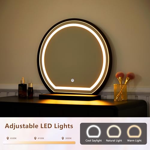Vanity Desk with Mirror and Lights, Modern Wood Wave Panel Vanity Desk Set Makeup Table with Drawers and Cabinet, Dressing Table with Storage for Bedroom, Black - style: Black