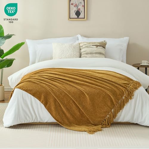 Chenille Throw Blanket for Couch - Soft Knit Blankets 60"X80" | Cozy Warm Lightweight Boho Decorative Knitted Blankets with Tassels for Bed and Sofa,Yellow - color: Yellow, size: 60"x80"