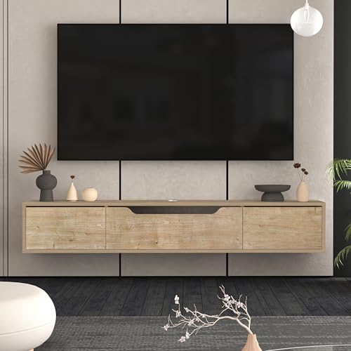 Atelier Mobili Floating TV Stand for Up to 80 Inch TVs – Wall Mounted Media Console with Handle-Free Doors – Modern Entertainment Center with Hidden Storage – White and Oak Finishes (Oak) - color: Oak