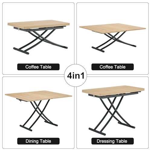 Liftable Folding Dining Table for 4, Adjustable Drop Leaf Table, Folding Coffee Table for Small Spaces, Scratch-Resistant Wood Top with Metal Frame for Apartment Kitchen Living Room - color: Oak-black