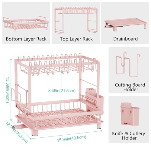 Multifunctional Dish Drying Rack - Rustproof, 2-Tier Dish Racks with Drainboard, Space-Saving Design, Utensil & Cup Holder for Kitchen Counter, Pink - color: Pink
