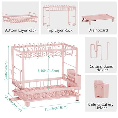 Multifunctional Dish Drying Rack - Rustproof, 2-Tier Dish Racks with Drainboard, Space-Saving Design, Utensil & Cup Holder for Kitchen Counter, Pink - color: Pink