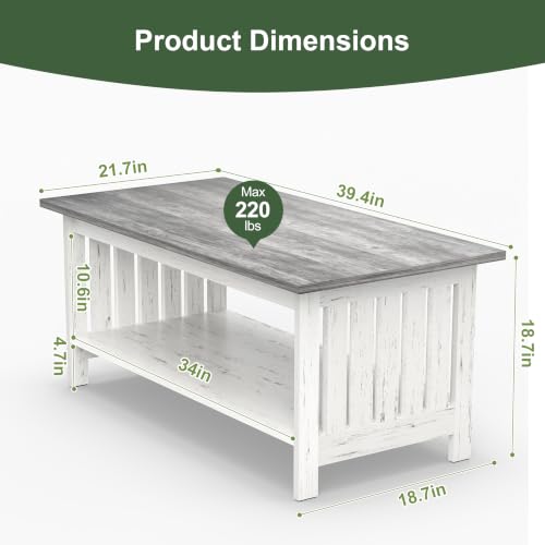 39.4" Farmhouse Coffee Table, Small Coffee Tables for Living Room | Grey, 2 Tier Coffee Table with Storage, Tea Table for Living Room Bedroom Small Space - color: Grey