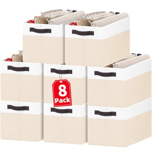8 Pack Large Storage Basket, Fabric Blanket Basket Living Room, Toy Organizers and Storage with Handles for Kids, Laundry Basket for Clothes Towel, Yarn and Craft Storage Bins (14L*10W*9.5H) - color: White with Beige, size: 8pcs - Rectangular 14"x10"x9.5"