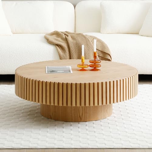 31.49''Round Coffee Table for Living Room, Modern Wood Nesting Coffee Table Handcraft Circle Fluted Drum Coffee Table, Easy Assembly,Oak - color: Oak, size: 31.49"x17.91"x13.77"